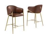 BS454L Set of 2 Architectural Leathaire Barrel Bar Stool with Sculptural Gold Frame & Ring Pull