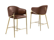Architectural Leathaire Barrel Bar Stool with Sculptural Gold Frame & Ring Pull