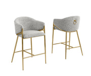 Architectural Boucle Barrel Bar Stool with Sculptural Gold Frame & Ring Pull