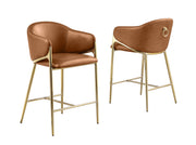 Architectural Leathaire Barrel Bar Stool with Sculptural Gold Frame & Ring Pull