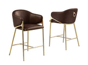 Architectural Leathaire Barrel Bar Stool with Sculptural Gold Frame & Ring Pull