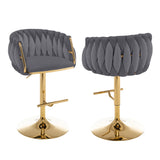 BS94 Set of 2 Modern Woven Velvet Swivel Bar Stool with Adjustable Gold Pedestal Base