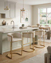 CH210  Modern Velvet Counter Height Bar Stools with Wrap-Around Arms & Sculptural [Gold / Chrome] Legs