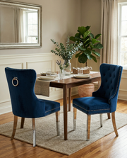 SC44 Elegant [Velvet / Faux Leather] Dining Side Chair with Tufted Back, Nailhead Trim & Ring Pull, Stainless Steel Legs