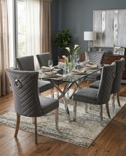 SC360 Elegant Velvet Accent Dining Chair with V-Shaped Tufted Back, Chrome Nailhead Trim, Ring Pull & Polished Chrome Legs
