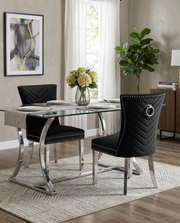 SC360 Elegant Velvet Accent Dining Chair with V-Shaped Tufted Back, Chrome Nailhead Trim, Ring Pull & Polished Chrome Legs