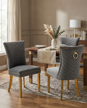 SC364 Elegant Velvet Accent Dining Chair with V-Shaped Tufted Back, Gold Nailhead Trim, Ring Pull & Polished Gold Legs