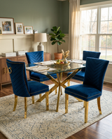 SC364 Elegant Velvet Accent Dining Chair with V-Shaped Tufted Back, Gold Nailhead Trim, Ring Pull & Polished Gold Legs