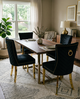 SC364 Elegant Velvet Accent Dining Chair with V-Shaped Tufted Back, Gold Nailhead Trim, Ring Pull & Polished Gold Legs