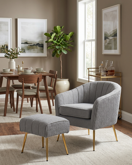 AC160-3 Teddy Boucle Barrel Chair & Ottoman - Plush Accent Set with Gold Chrome Legs