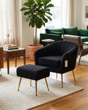 AC160-3 Teddy Boucle Barrel Chair & Ottoman - Plush Accent Set with Gold Chrome Legs