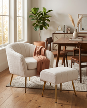 AC160-3 Teddy Boucle Barrel Chair & Ottoman - Plush Accent Set with Gold Chrome Legs