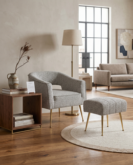 AC230 Modern Boucle Accent Chair and Ottoman Set, Upholstered Barrel Lounge Chair with Cutout Back & Gold Chrome Legs