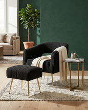 AC230 Modern Boucle Accent Chair and Ottoman Set, Upholstered Barrel Lounge Chair with Cutout Back & Gold Chrome Legs