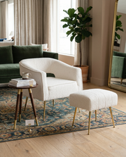 AC230 Modern Boucle Accent Chair and Ottoman Set, Upholstered Barrel Lounge Chair with Cutout Back & Gold Chrome Legs