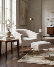 AC230 Modern Boucle Accent Chair and Ottoman Set, Upholstered Barrel Lounge Chair with Cutout Back & Gold Chrome Legs