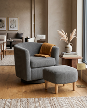 AC92 Modern Ribbed Velvet Swivel Barrel Chair and Ottoman Set, Upholstered Accent Lounge Chair with Natural Wood Legs