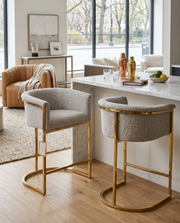 BS014 Luxury Boucle Fabric Bar Stool with Polished Gold Metal Sled Base
