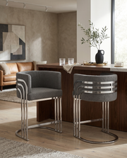 BS020 Modern Boucle Bar Stool with Chrome Triple-Rail Metal Back