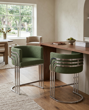 BS020 Modern Boucle Bar Stool with Chrome Triple-Rail Metal Back