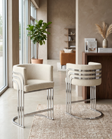 BS020 Modern Boucle Bar Stool with Chrome Triple-Rail Metal Back