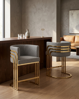 BS024 Art Deco Boucle Bar Stool with Sculptural Gold Triple-Rail Back