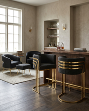 BS024 Art Deco Boucle Bar Stool with Sculptural Gold Triple-Rail Back