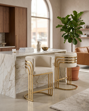 BS024 Art Deco Boucle Bar Stool with Sculptural Gold Triple-Rail Back