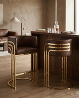 Art Deco Leathaire Bar Stool with Polished Gold Frame