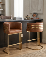 Art Deco Leathaire Bar Stool with Polished Gold Frame