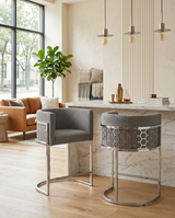 Modern Glam Teddy Fabric Bar Stool with Sculptural Chrome Honeycomb Back