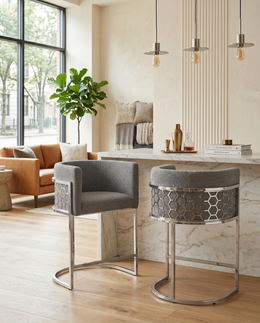 Modern Glam Teddy Fabric Bar Stool with Sculptural Chrome Honeycomb Back