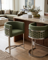 Modern Glam Teddy Fabric Bar Stool with Sculptural Chrome Honeycomb Back