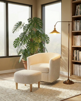 AC92 Modern Ribbed Velvet Swivel Barrel Chair and Ottoman Set, Upholstered Accent Lounge Chair with Natural Wood Legs