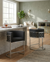 Modern Glam Teddy Fabric Bar Stool with Sculptural Chrome Honeycomb Back