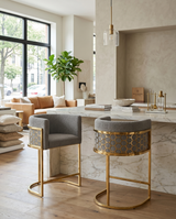 Modern Glam Teddy Fabric Bar Stool with Sculptural Gold Honeycomb Back