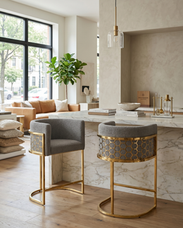 Modern Glam Teddy Fabric Bar Stool with Sculptural Gold Honeycomb Back