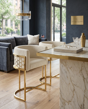 Modern Glam Teddy Fabric Bar Stool with Sculptural Gold Honeycomb Back