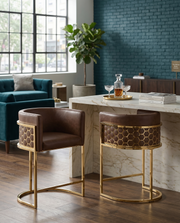 Modern Leathaire Bar Stool with Sculptural Gold Honeycomb Back