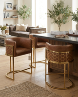 Modern Leathaire Bar Stool with Sculptural Gold Honeycomb Back