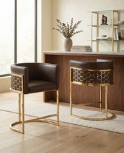 Modern Leathaire Bar Stool with Sculptural Gold Honeycomb Back