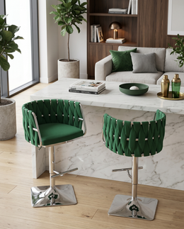 Modern Woven Swivel Bar Stool with Adjustable Chrome Square Base
