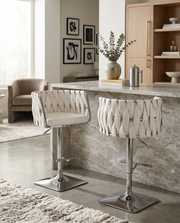 Modern Woven Swivel Bar Stool with Adjustable Chrome Square Base
