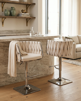 Modern Woven Swivel Bar Stool with Adjustable Chrome Square Base
