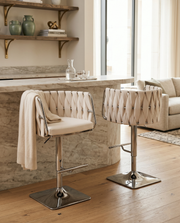 Modern Woven Swivel Bar Stool with Adjustable Chrome Square Base