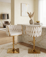 Modern Woven Swivel Bar Stool with Adjustable Gold Square Base