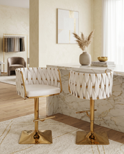 Modern Woven Swivel Bar Stool with Adjustable Gold Square Base