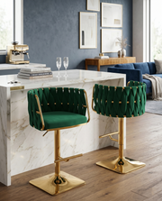 Modern Woven Swivel Bar Stool with Adjustable Gold Square Base