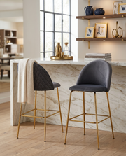 Modern Bar Stool with Diamond Quilted Back & Slender Gold Legs