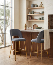 Modern Velvet Bar Stool with Open Cutout Back & Tapered Gold Legs